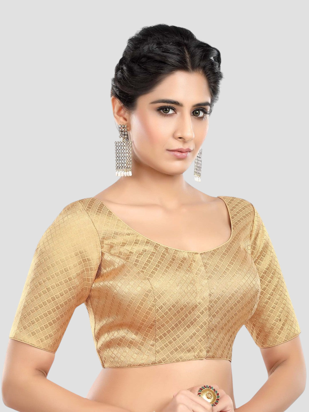 Golden Brocade Round Neck Half Sleeves Readymade Blouse