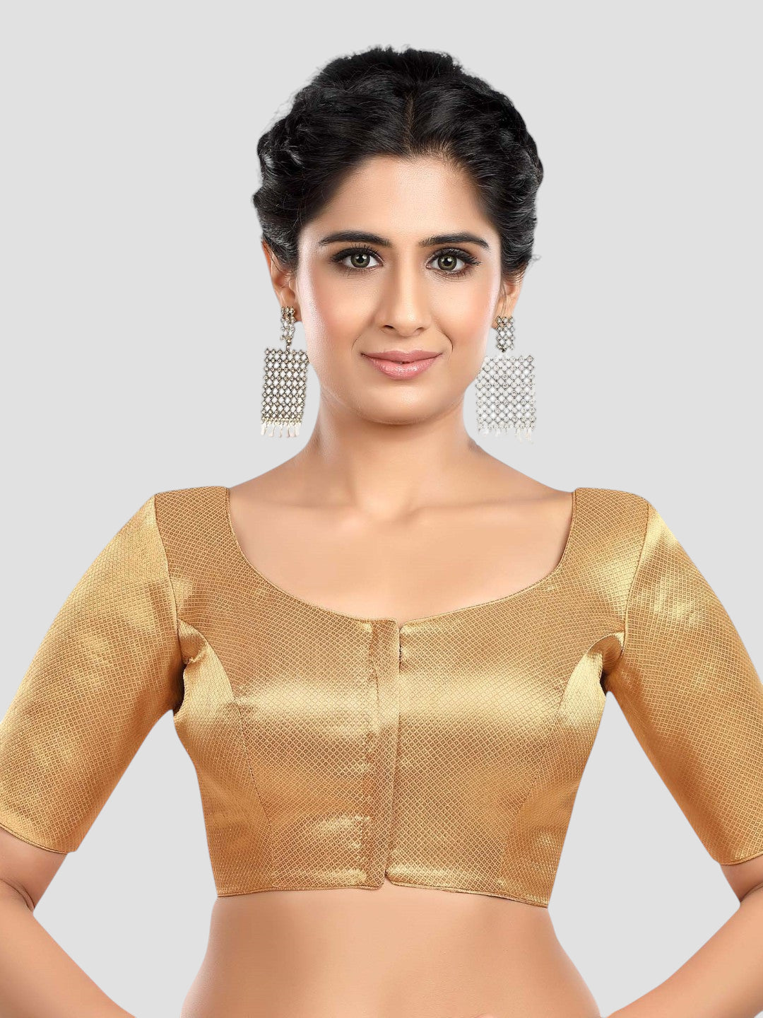 Golden Brocade Round Neck Half Sleeves Readymade Blouse