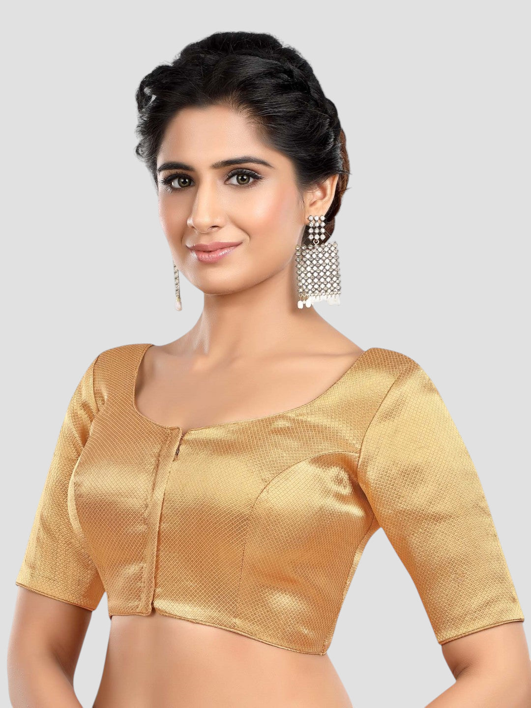 Golden Brocade Round Neck Half Sleeves Readymade Blouse