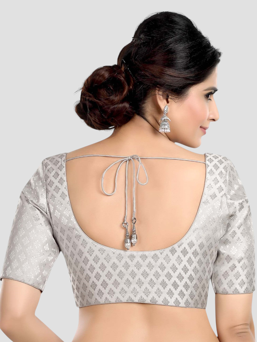 Silver Brocade Round Neck Half Sleeves Readymade Blouse