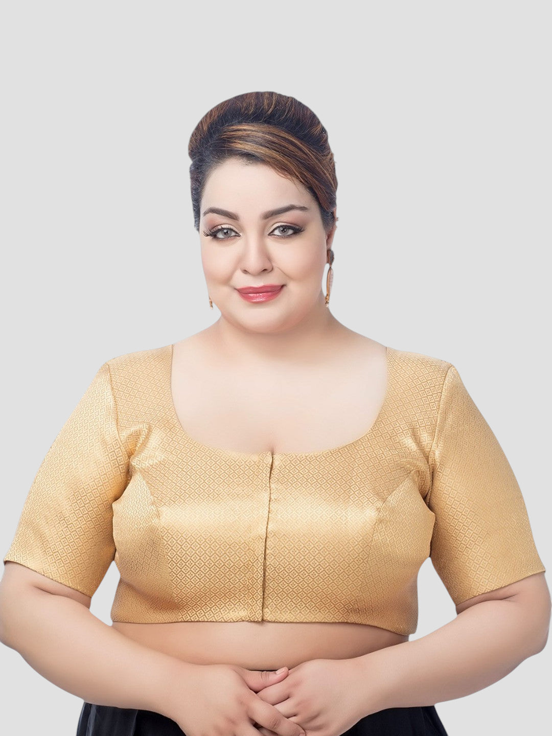 Golden Brocade Round Neck Half Sleeves Readymade Blouse