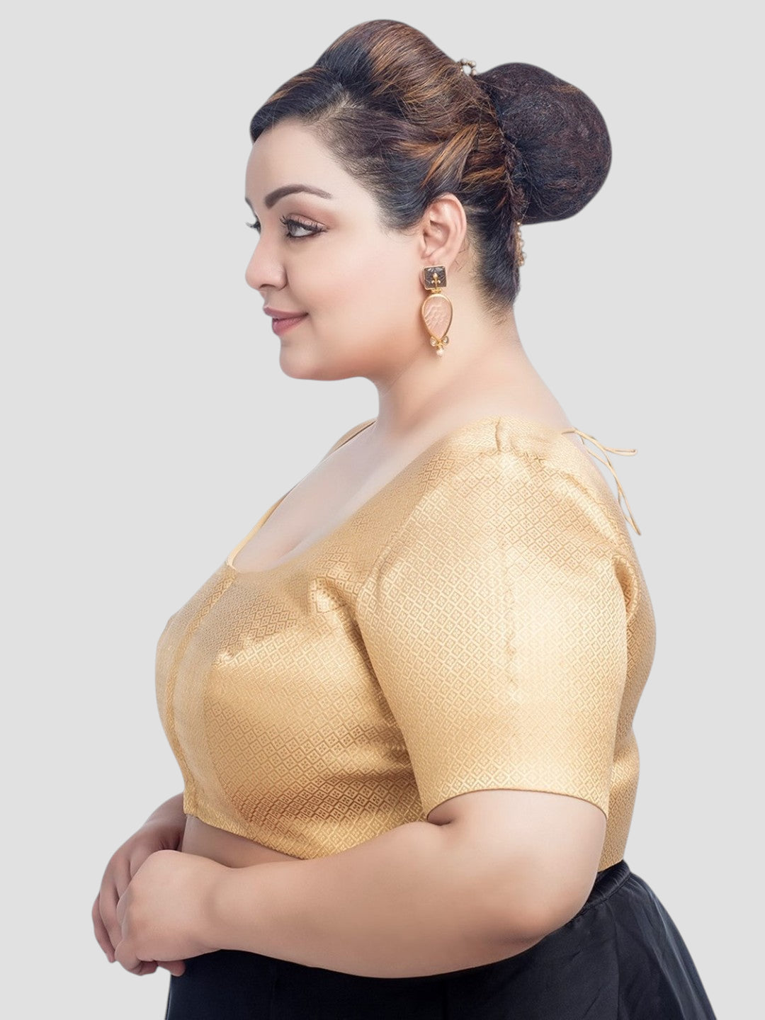 Golden Brocade Round Neck Half Sleeves Readymade Blouse