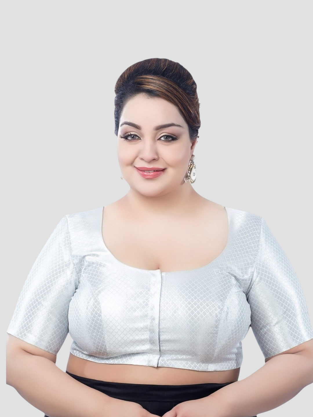 Silver Brocade Round Neck Half Sleeves Readymade Blouse