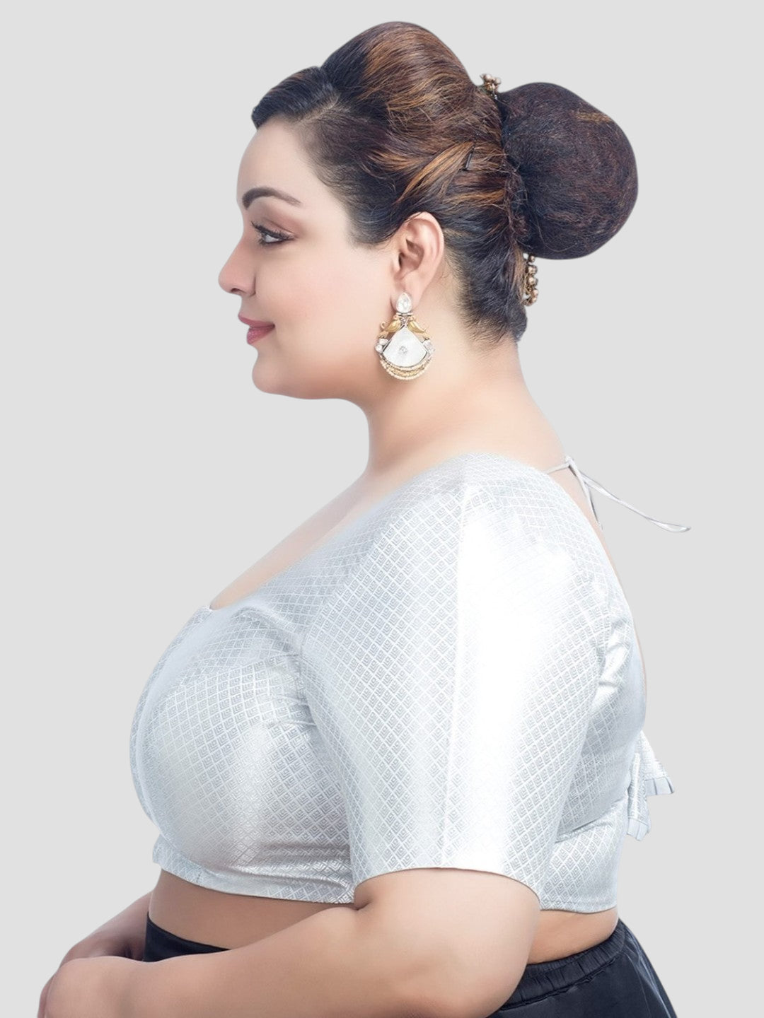 Silver Brocade Round Neck Half Sleeves Readymade Blouse