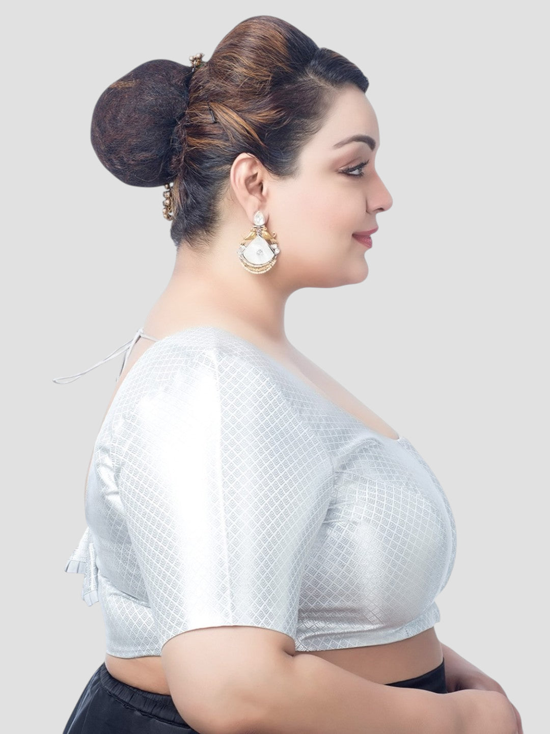 Silver Brocade Round Neck Half Sleeves Readymade Blouse