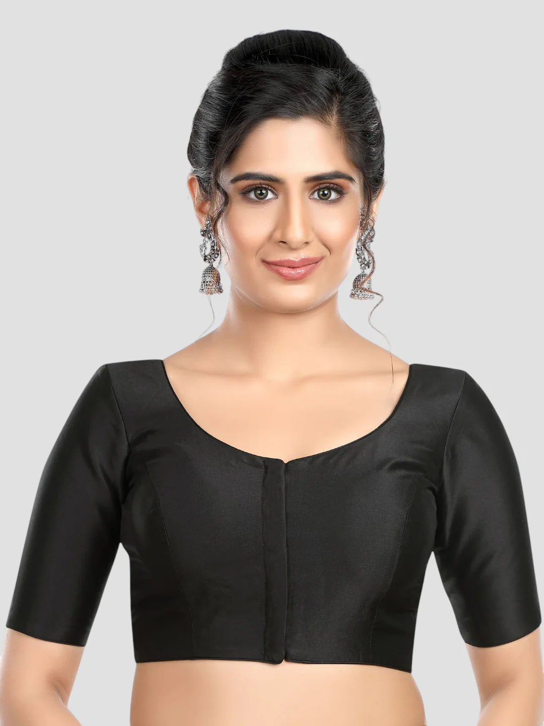 Black Silk Round Neck Half Sleeves Readymade Blouse