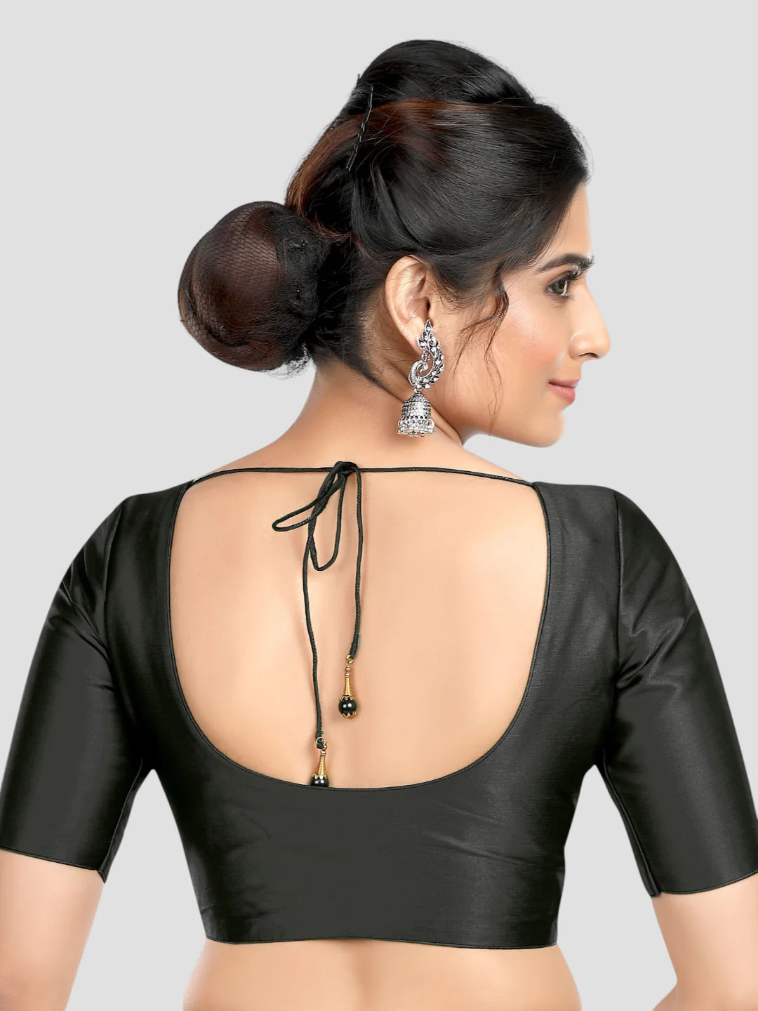 Black Silk Round Neck Half Sleeves Readymade Blouse