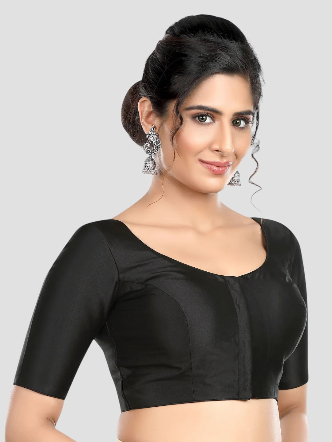 Half Sleeves Black Silk Round Neck Readymade Blouse