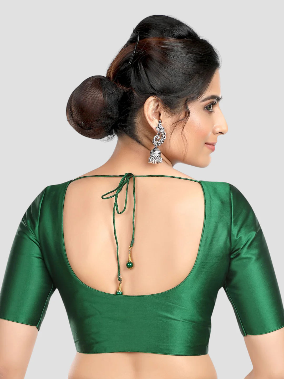Green Silk Round Neck Half Sleeves Readymade Blouse