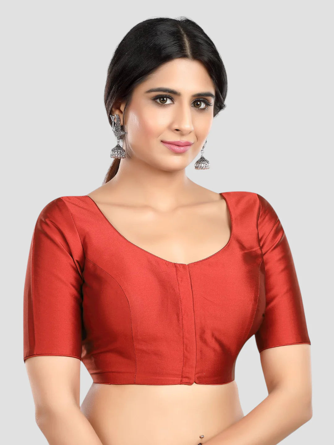 Round Neck Half Sleeves Maroon Silk Readymade Blouse