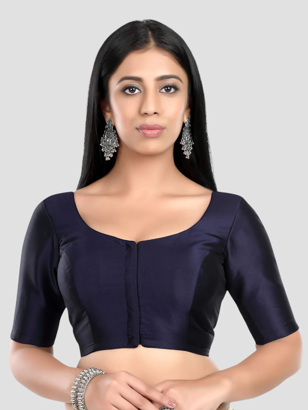Navy Bule Silk Round Neck Half Sleeves Readymade Blouse