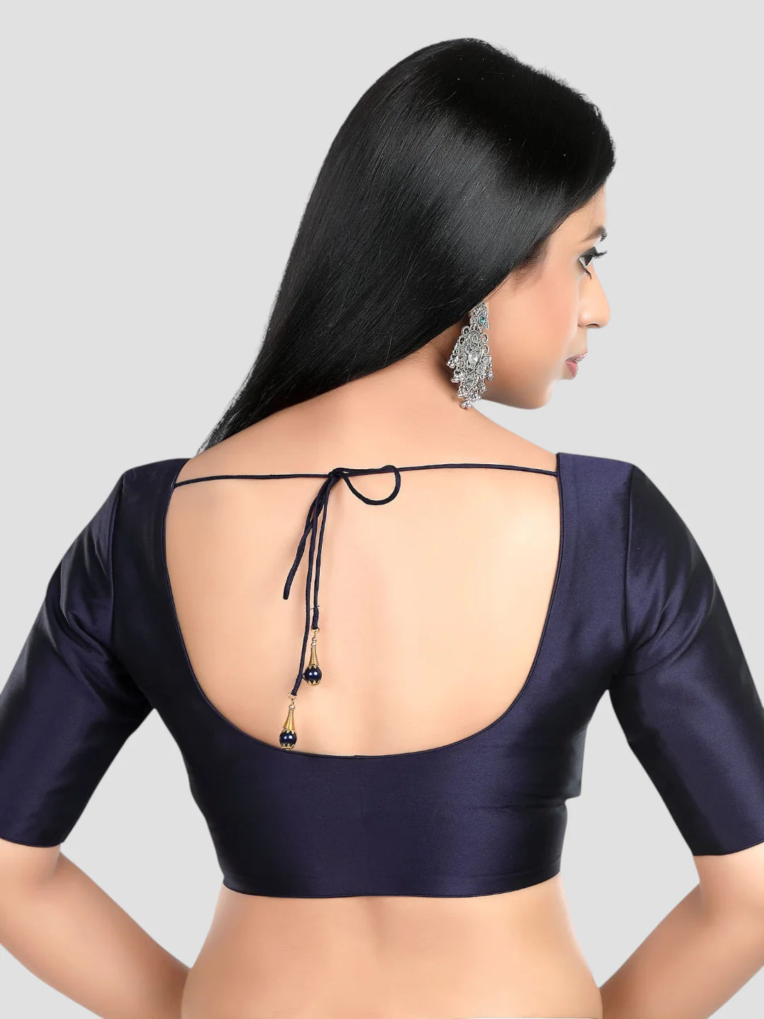 Navy Bule Silk Round Neck Half Sleeves Readymade Blouse