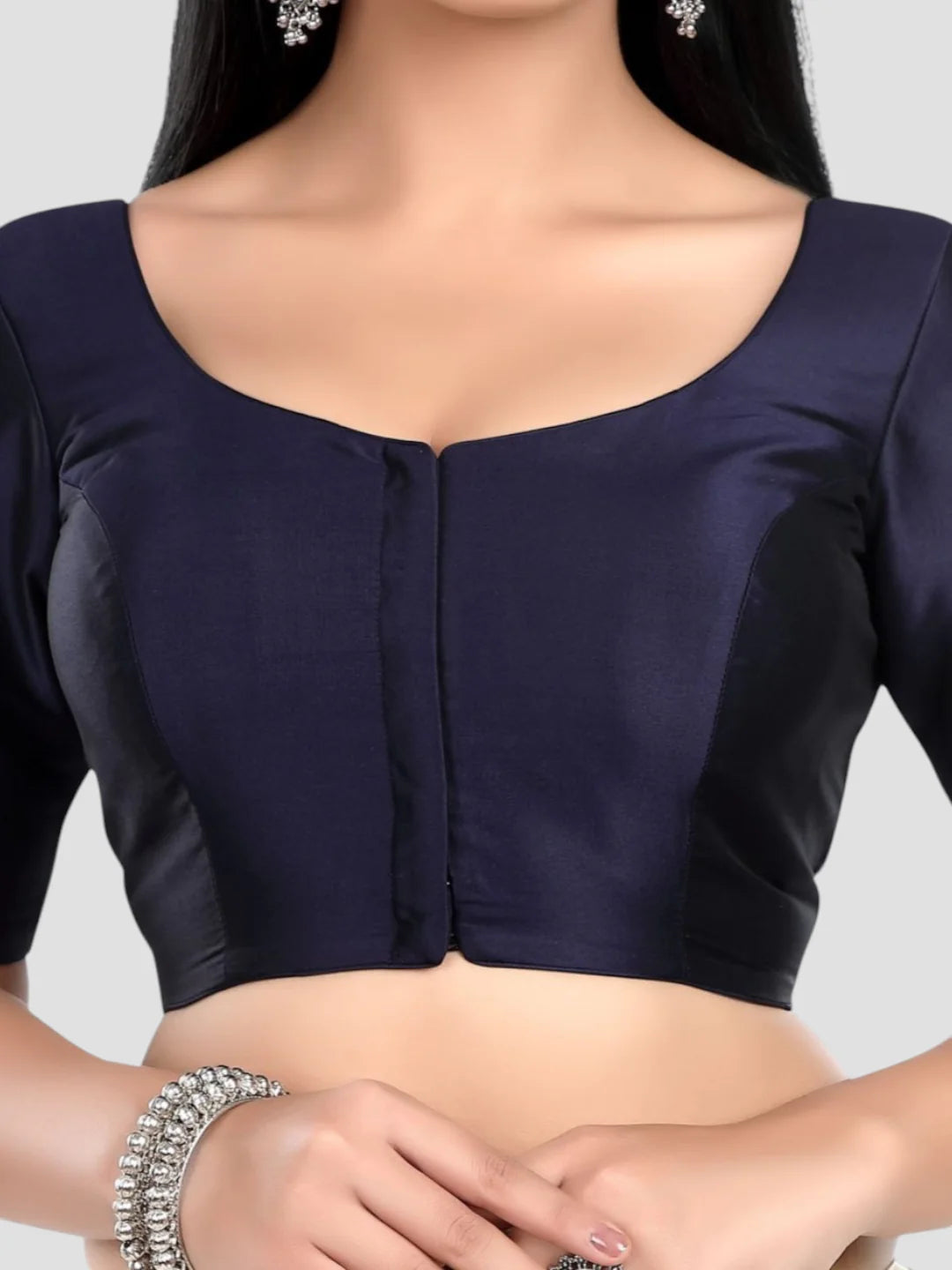 Navy Bule Silk Round Neck Half Sleeves Readymade Blouse