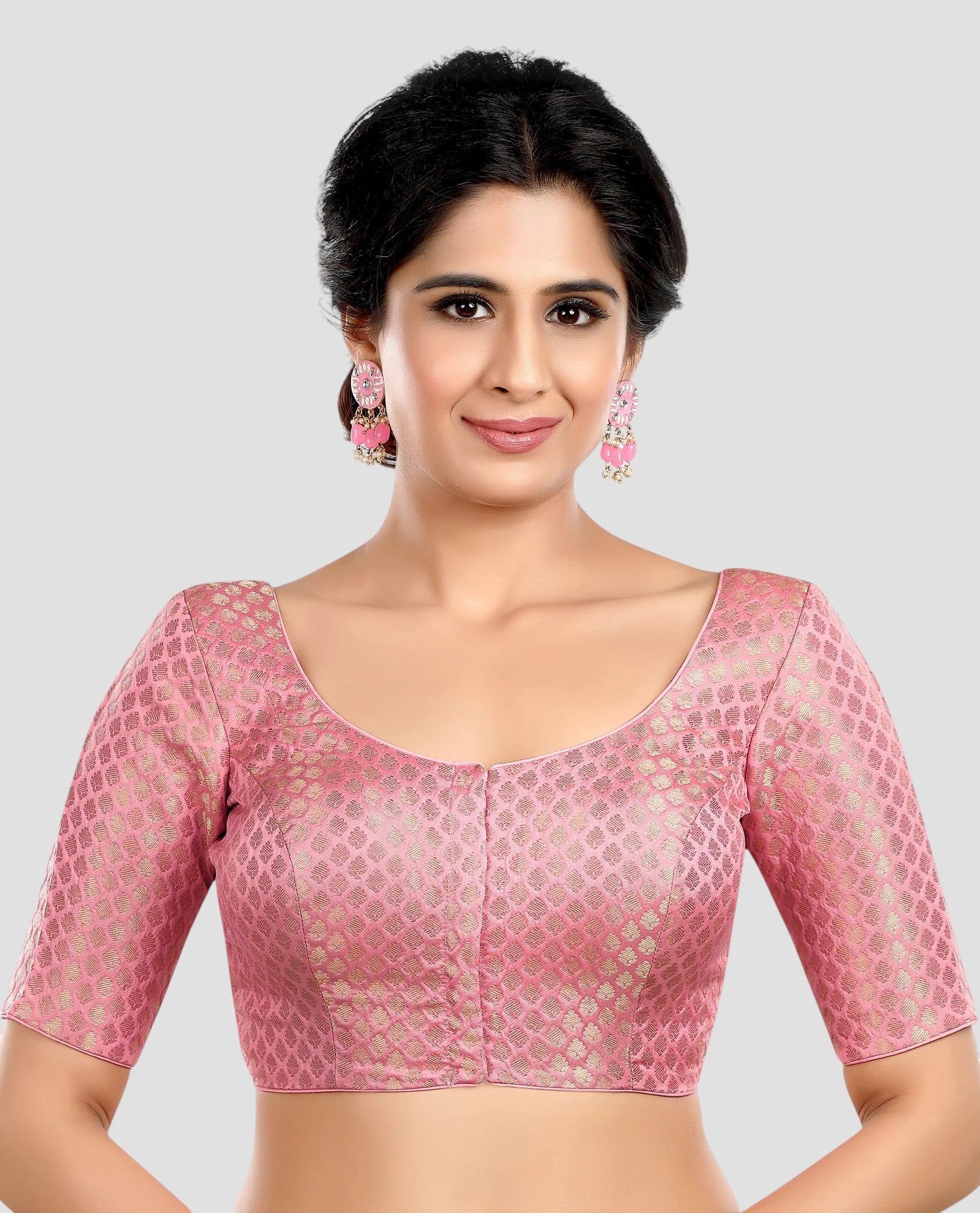 Baby Pink  Brocade Round Neck Half Sleeves Readymade Blouse