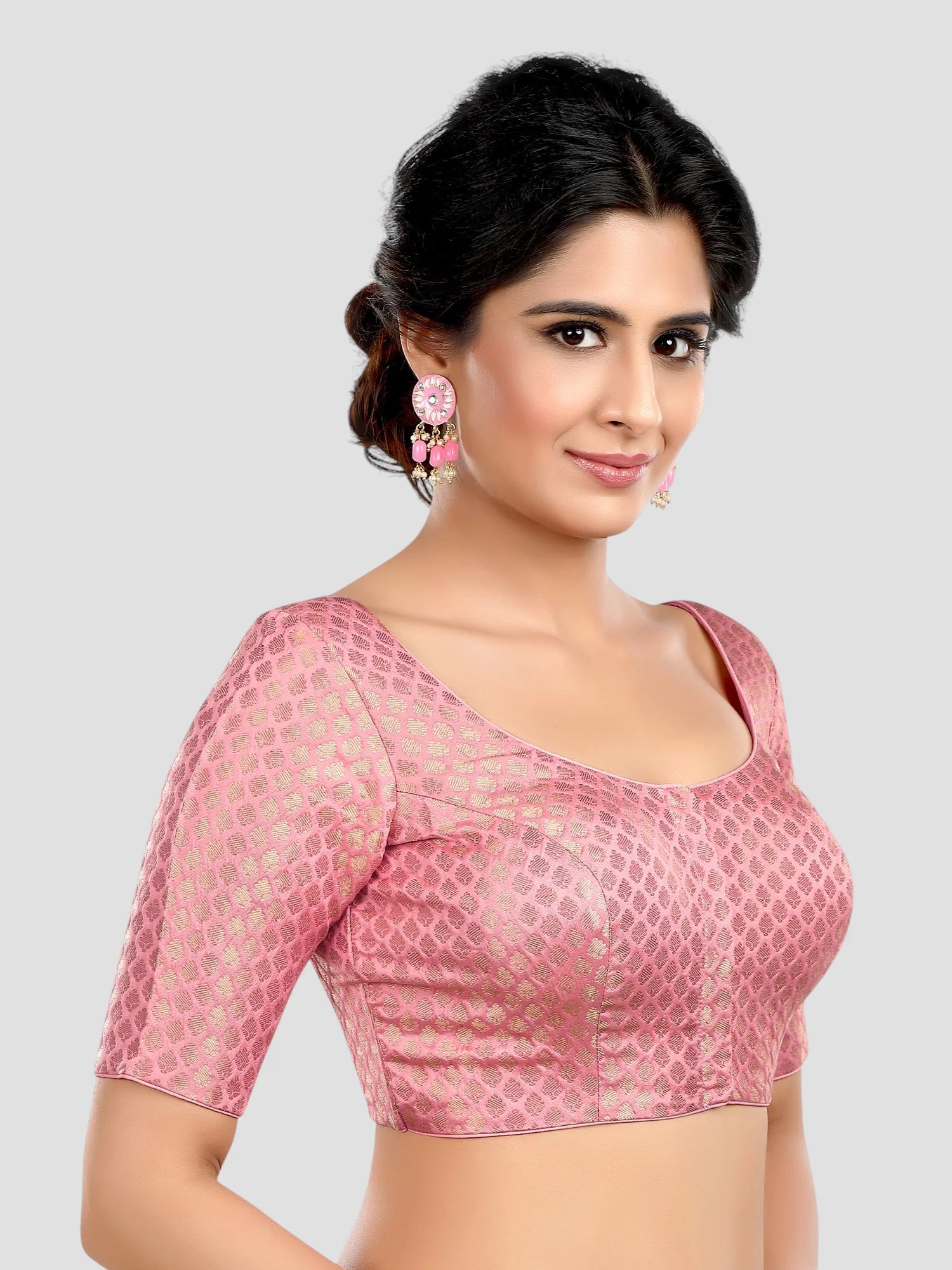 Baby Pink  Brocade Round Neck Half Sleeves Readymade Blouse