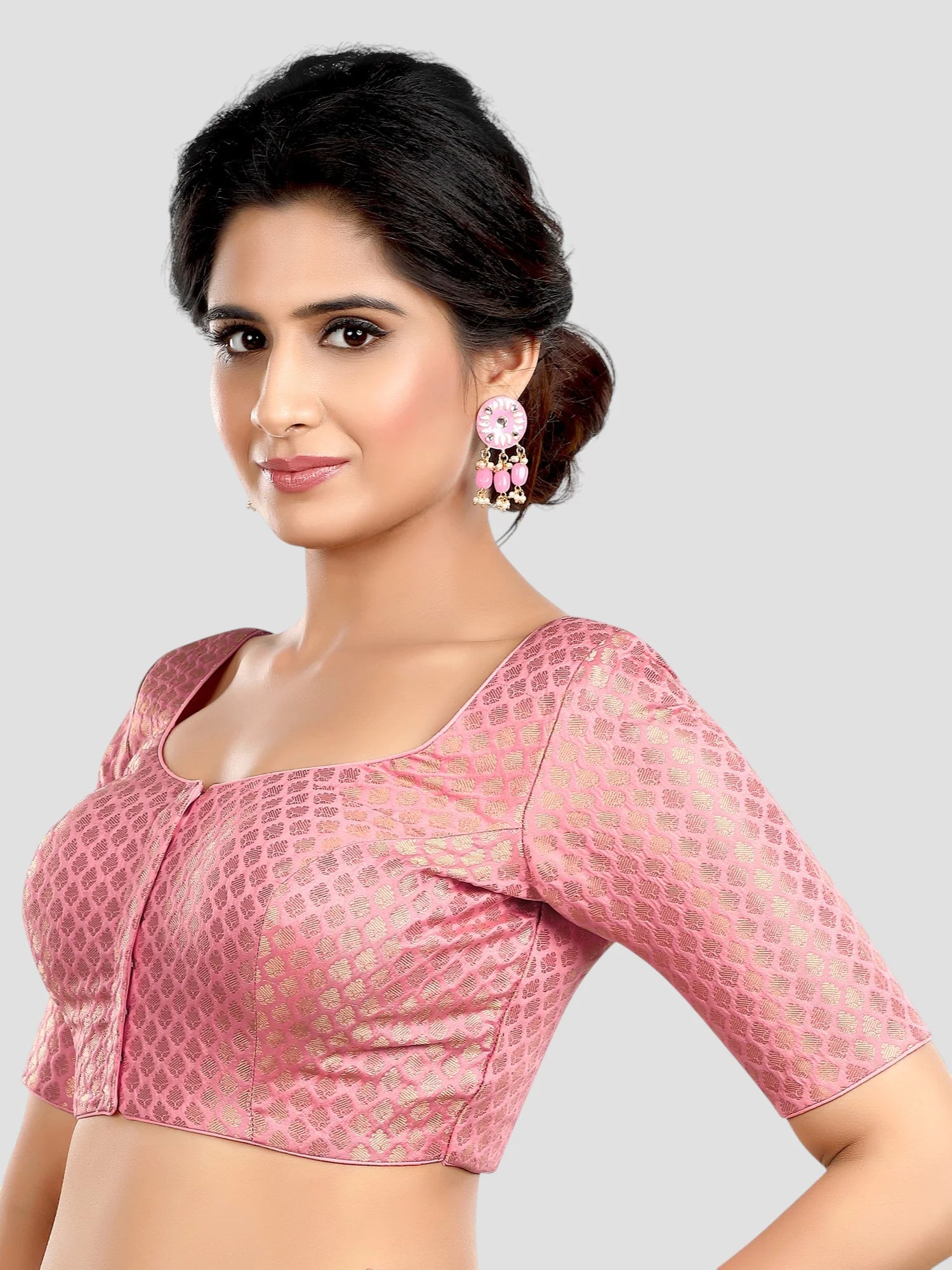 Baby Pink  Brocade Round Neck Half Sleeves Readymade Blouse