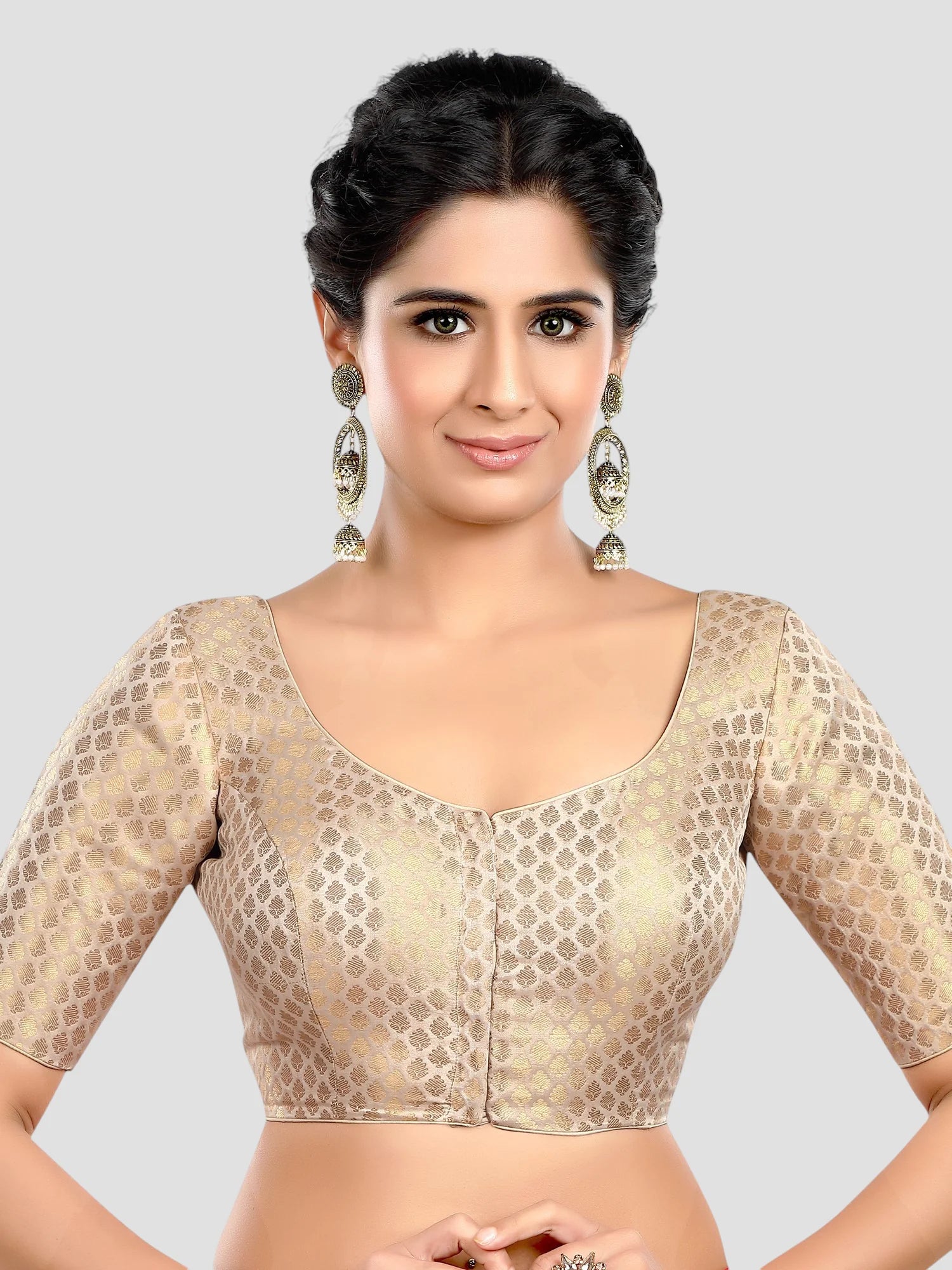 Cream Brocade Round Neck Half Sleeves Readymade Blouse