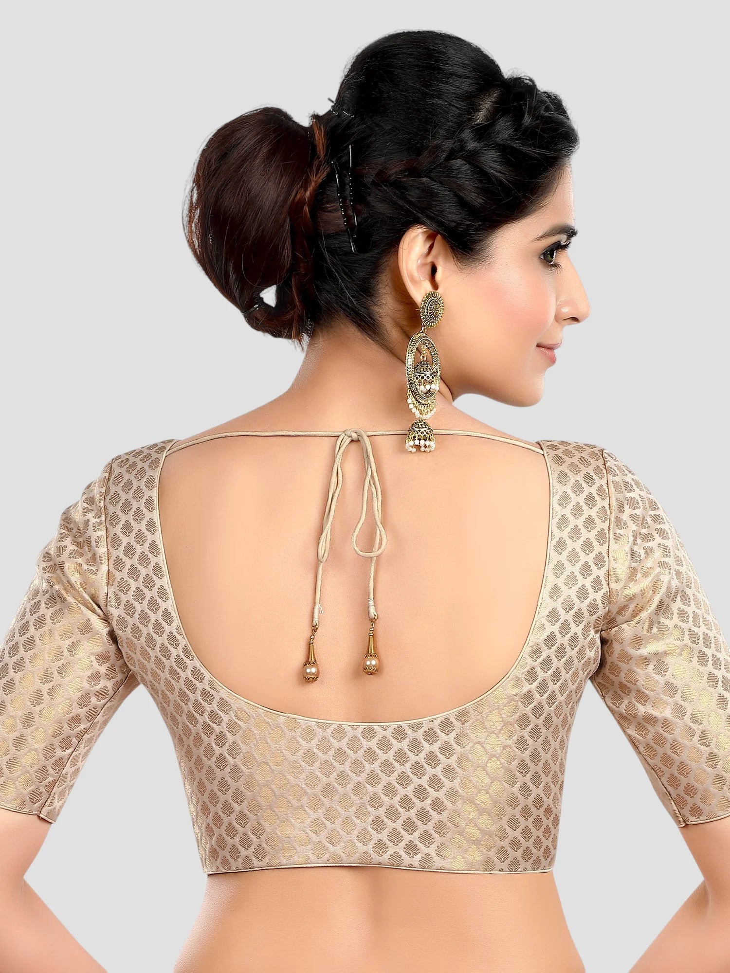 Cream Brocade Round Neck Half Sleeves Readymade Blouse