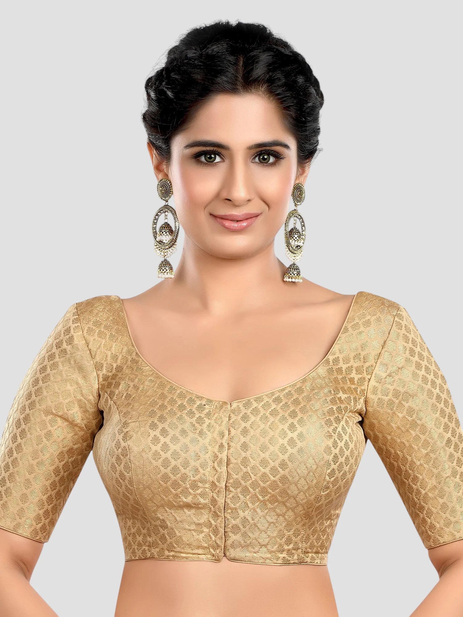 Gold Brocade Round Neck Half Sleeves Readymade Blouse