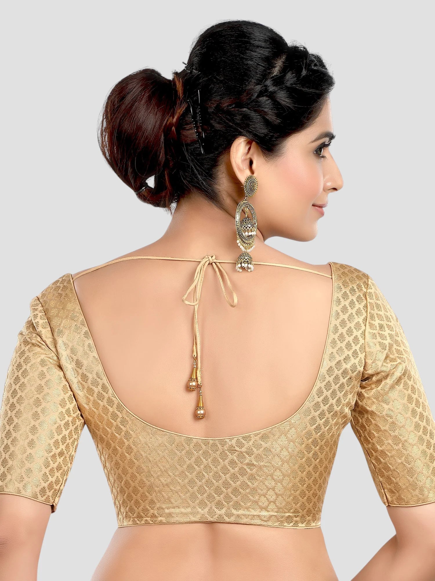 Gold Brocade Round Neck Half Sleeves Readymade Blouse