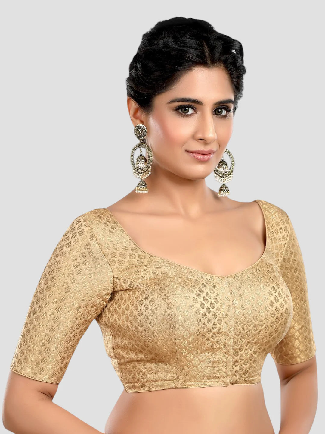 Gold Brocade Round Neck Half Sleeves Readymade Blouse