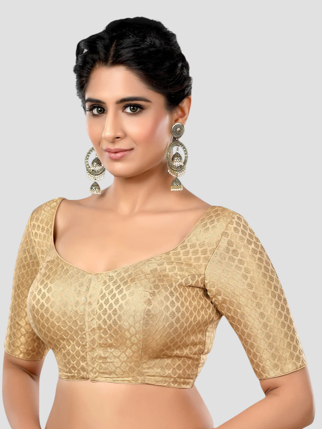Gold Brocade Round Neck Half Sleeves Readymade Blouse