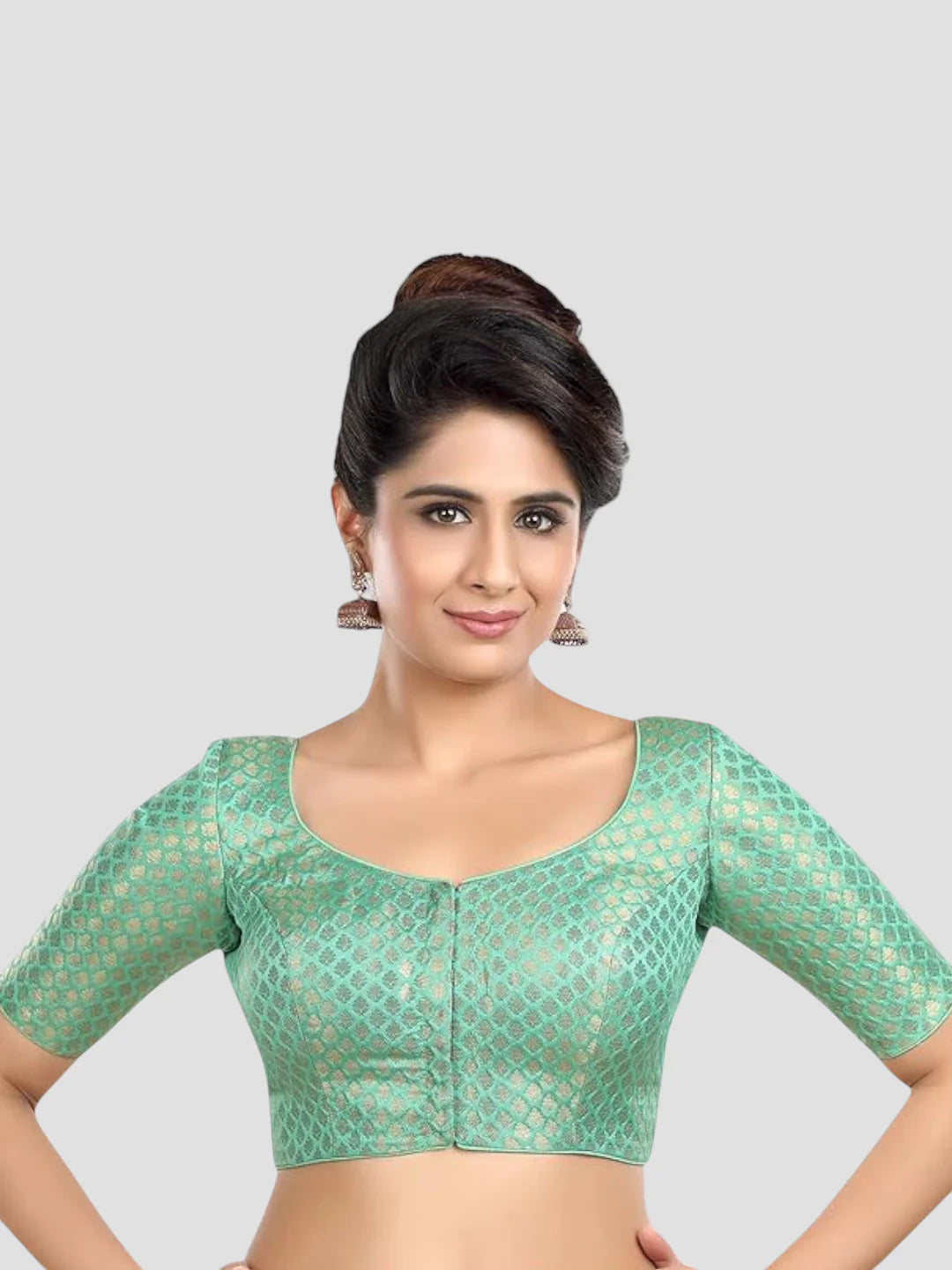 Sea Green Brocade Round Neck Half Sleeves Readymade Blouse