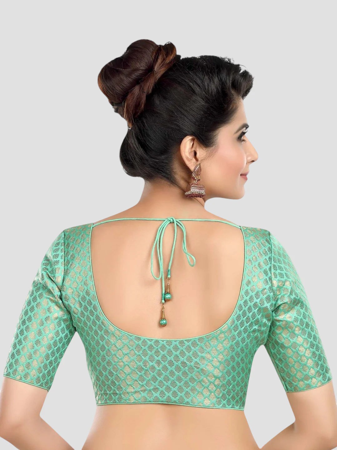 Sea Green Brocade Round Neck Half Sleeves Readymade Blouse