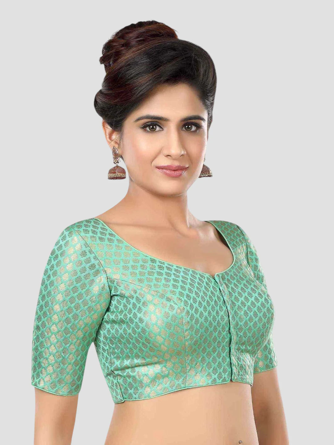 Sea Green Brocade Round Neck Half Sleeves Readymade Blouse