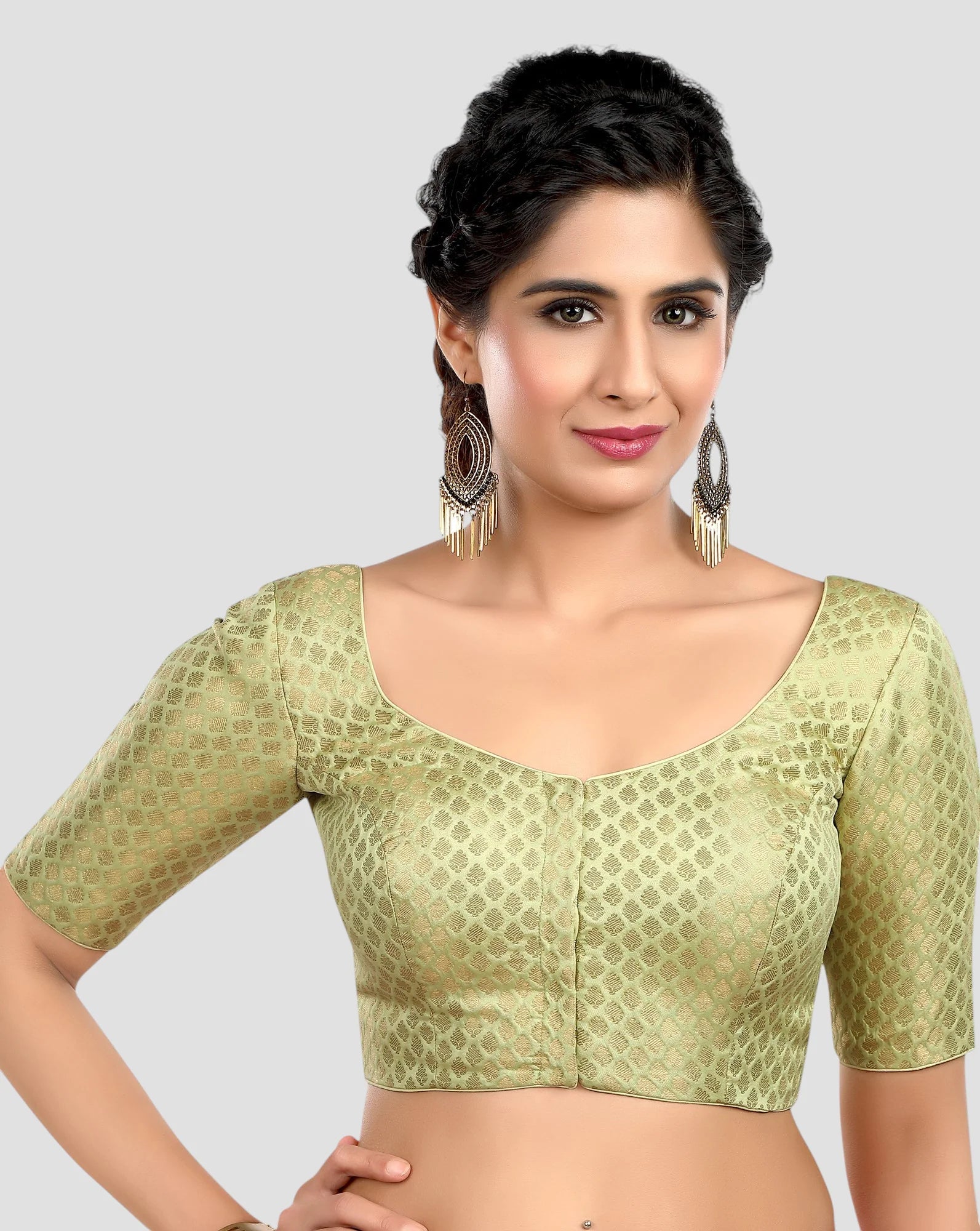 Pista Green Brocade Round Neck Half Sleeves Readymade Blouse