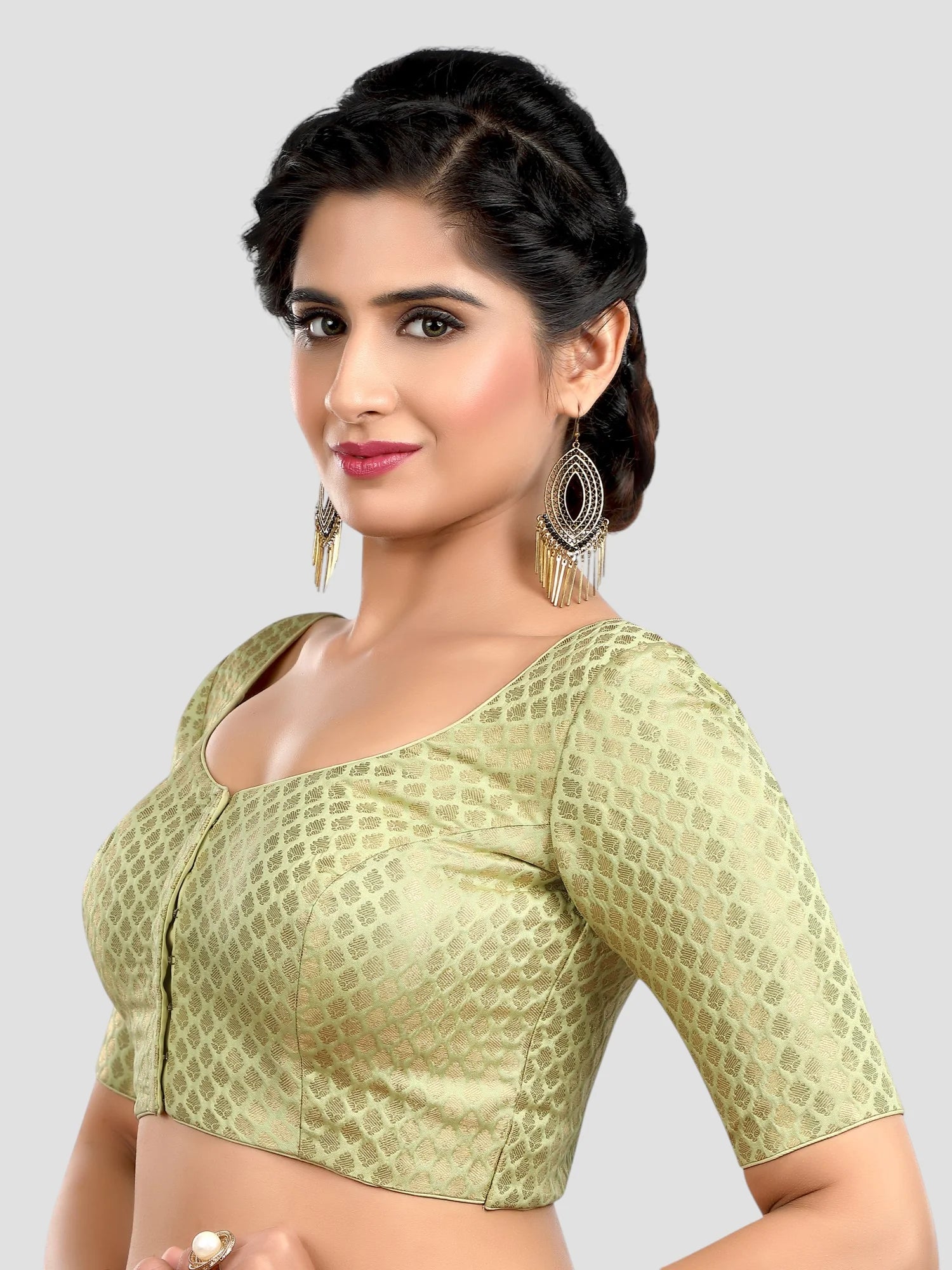 Pista Green Brocade Round Neck Half Sleeves Readymade Blouse