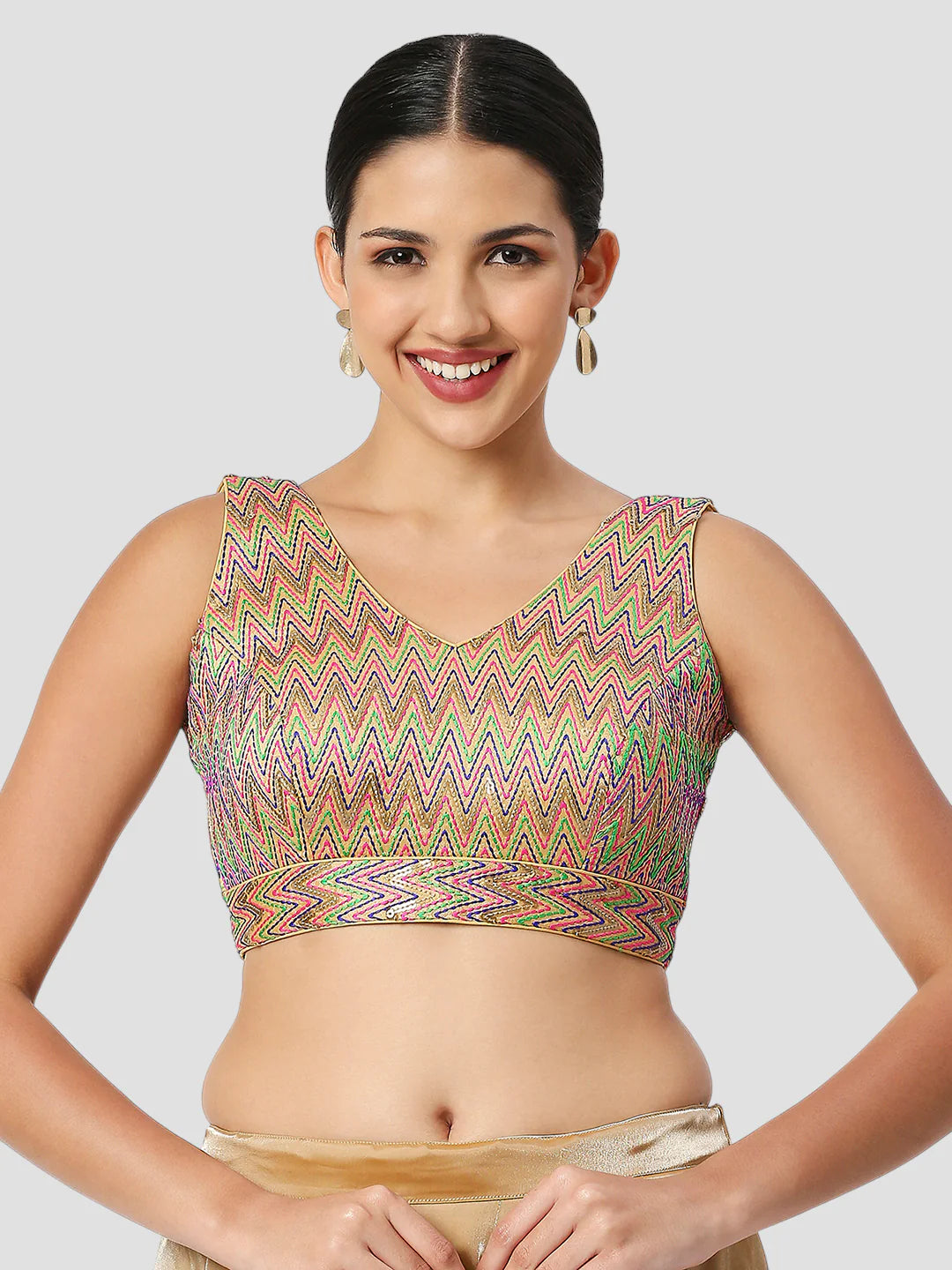 Multi Color V Neck Sleeveless Readymade Blouse