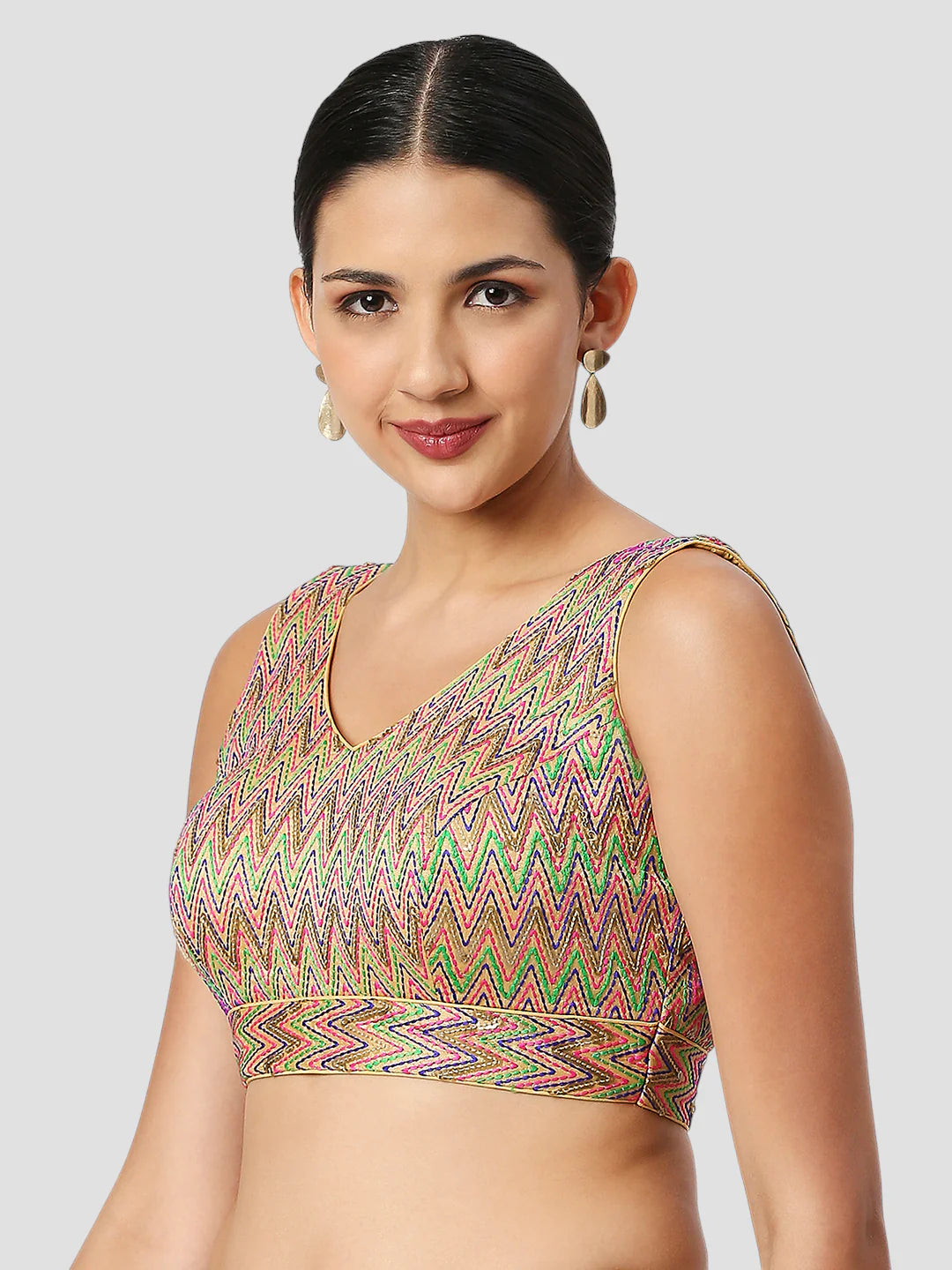 Multi Color V Neck Sleeveless Readymade Blouse
