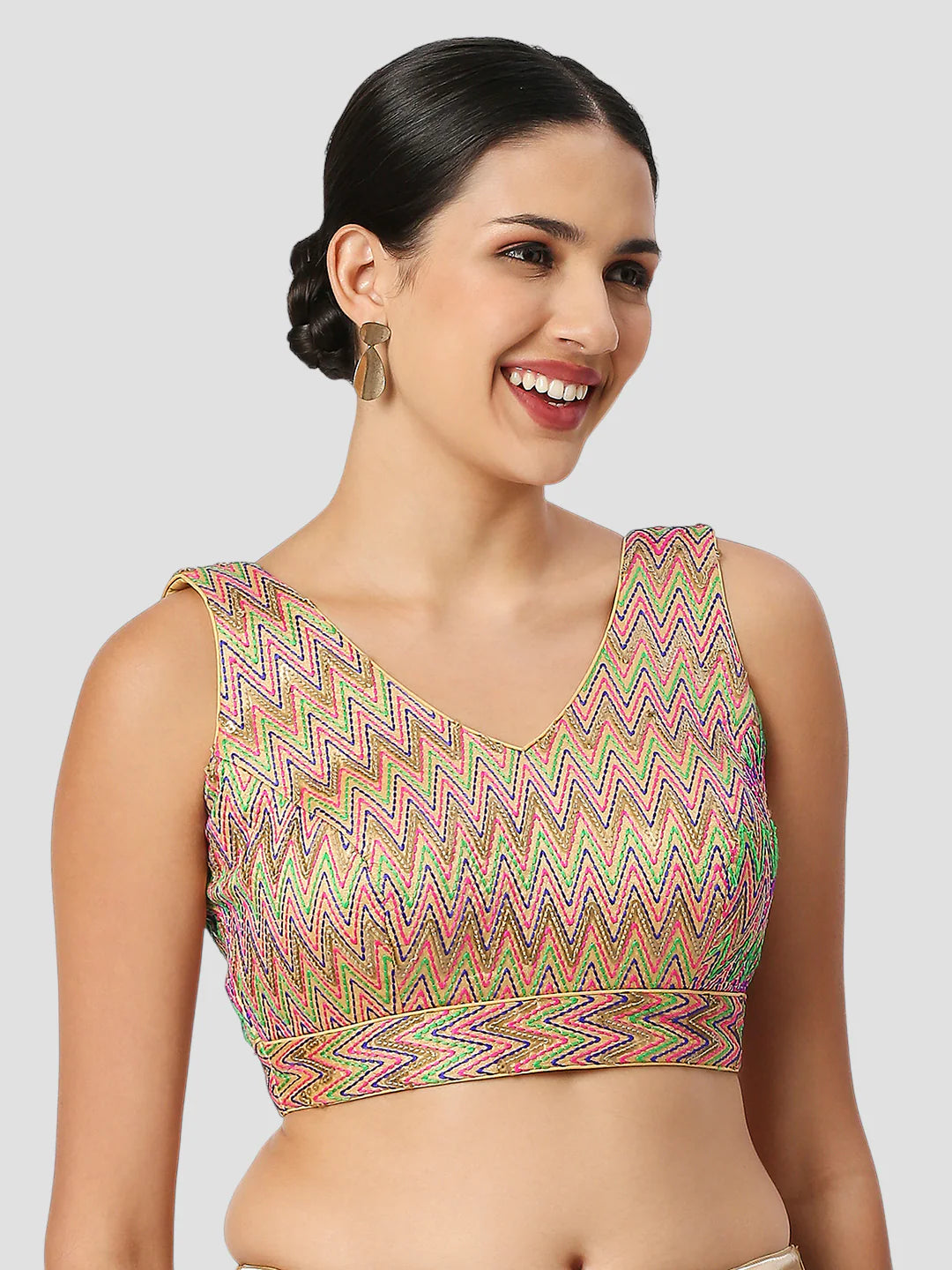 Multi Color V Neck Sleeveless Readymade Blouse