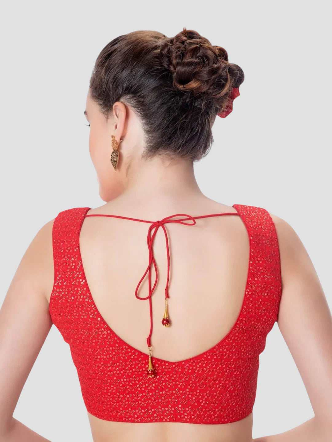 Red Sequence V Neck Sleeveless Readymade Blouse