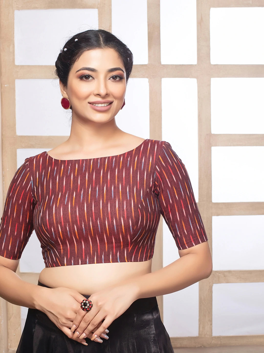 Maroon Ikkat Boat Neck Half Sleeves Readymade Blouse