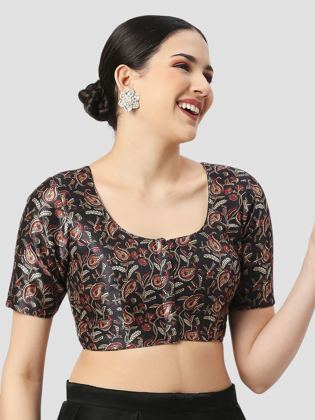 Black Silk Round Neck Half Sleeves Readymade Blouse