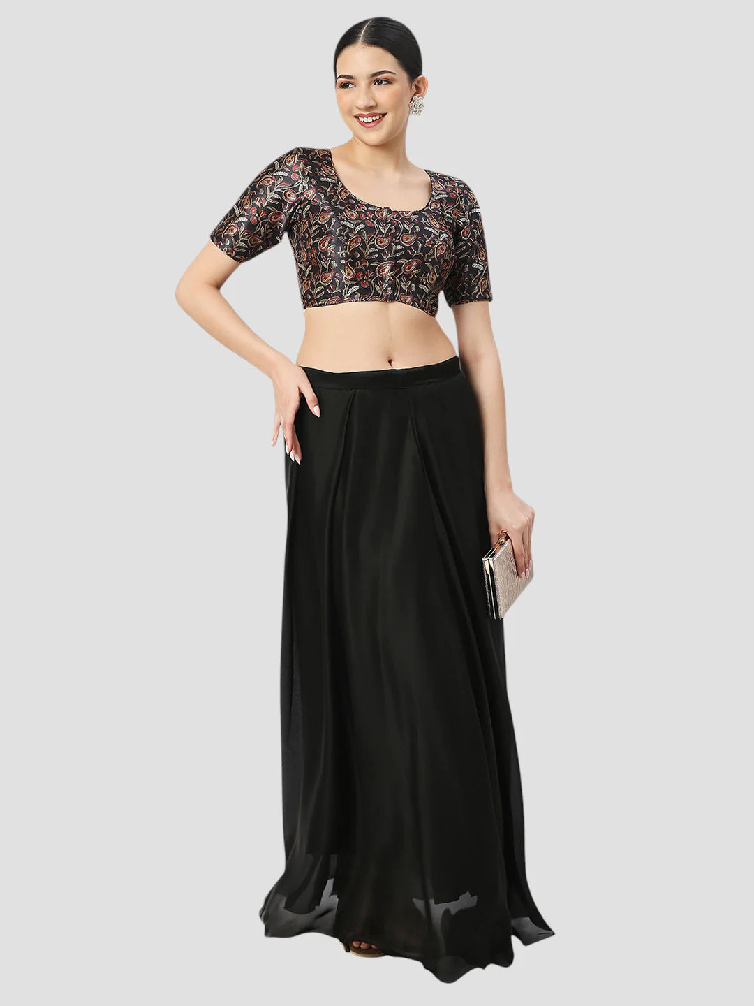 Black Silk Round Neck Half Sleeves Readymade Blouse