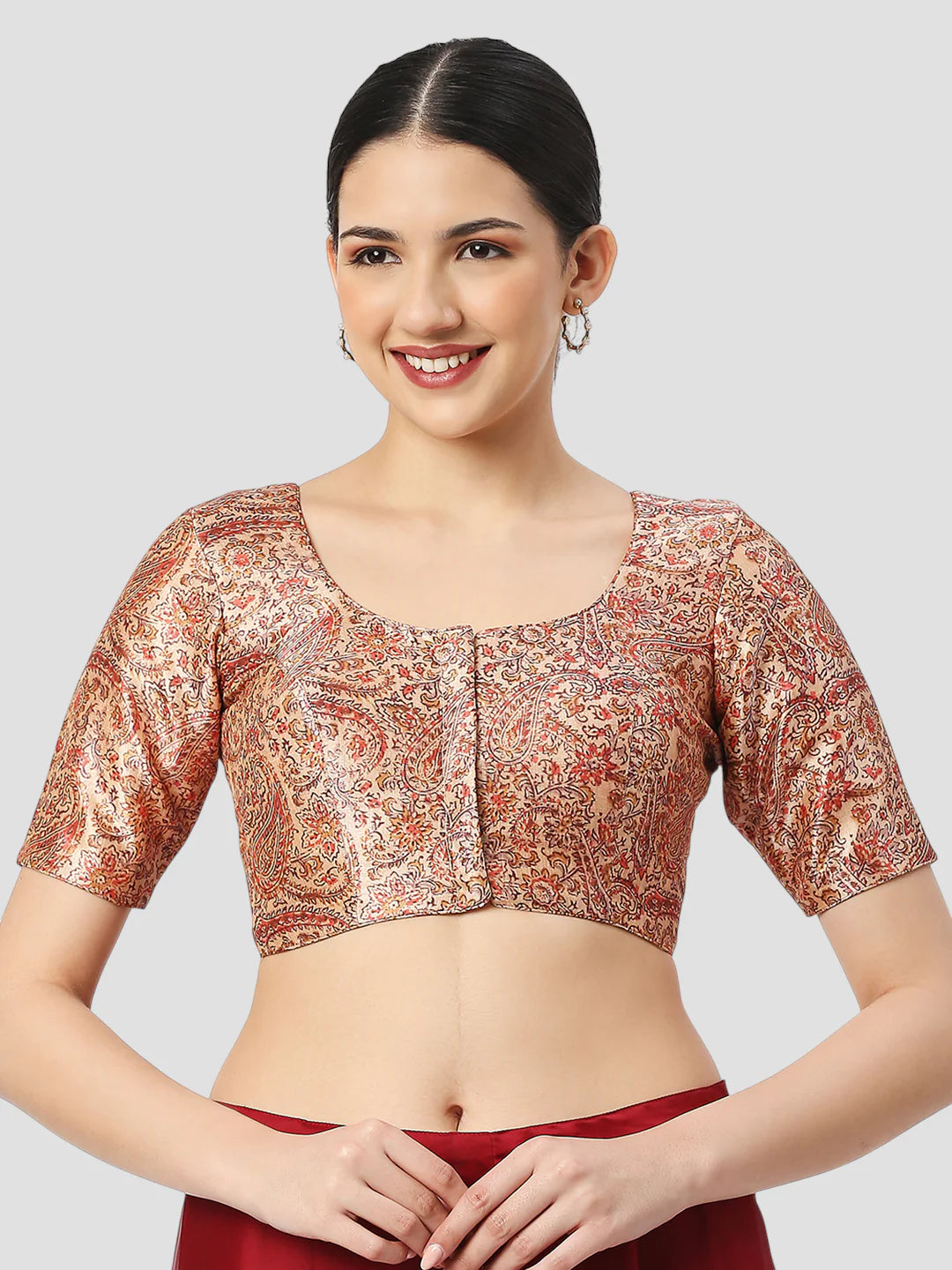 Red Bhagalpuri Silk Round Neck Half Sleeves Readymade Blouse