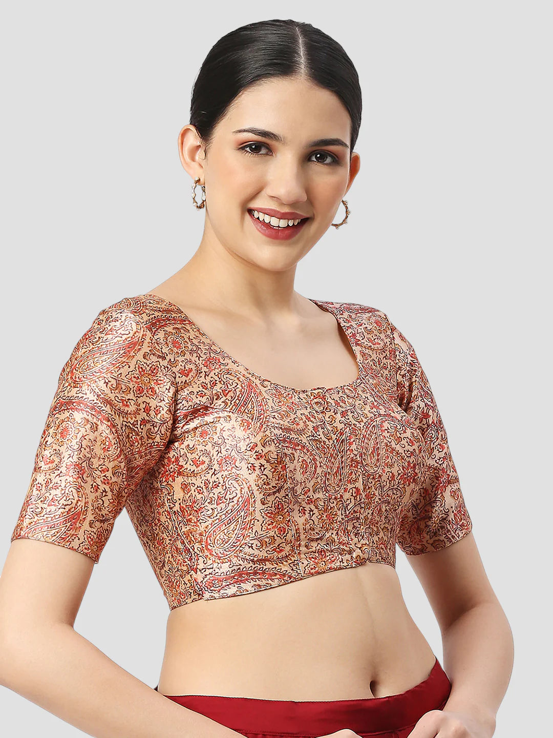 Red Bhagalpuri Silk Round Neck Half Sleeves Readymade Blouse