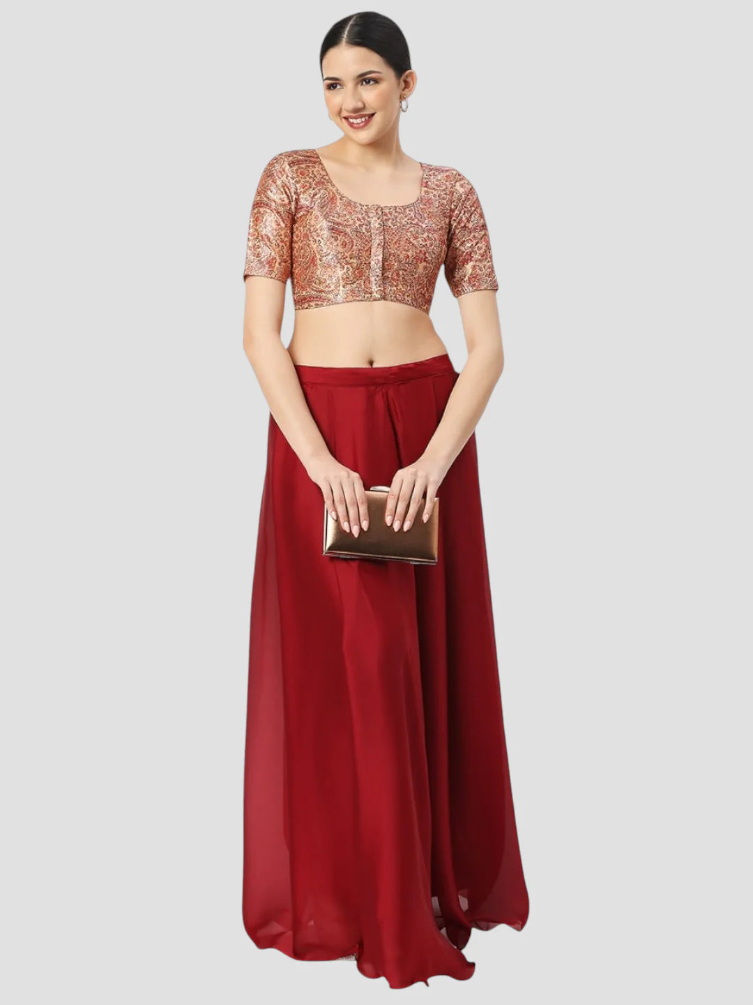 Red Bhagalpuri Silk Round Neck Half Sleeves Readymade Blouse