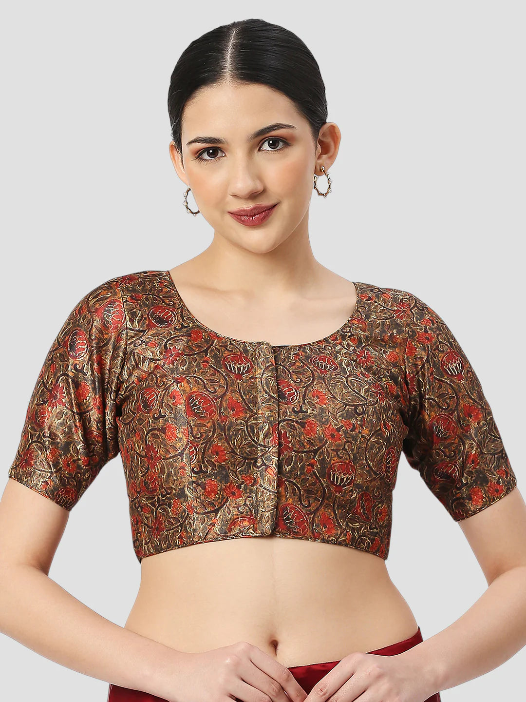 Red Silk Round Neck Half Sleeves Readymade Blouse