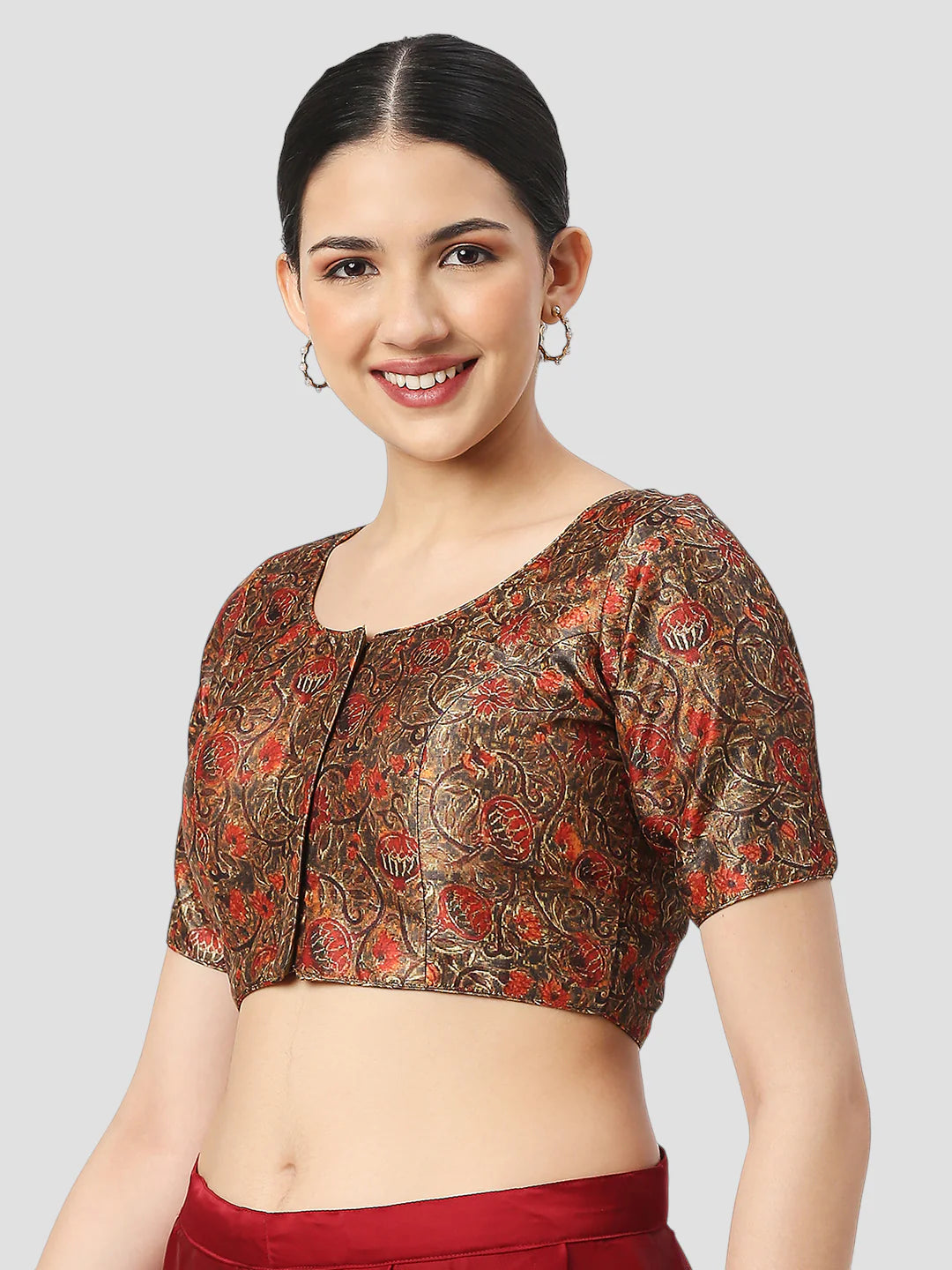 Red Silk Round Neck Half Sleeves Readymade Blouse