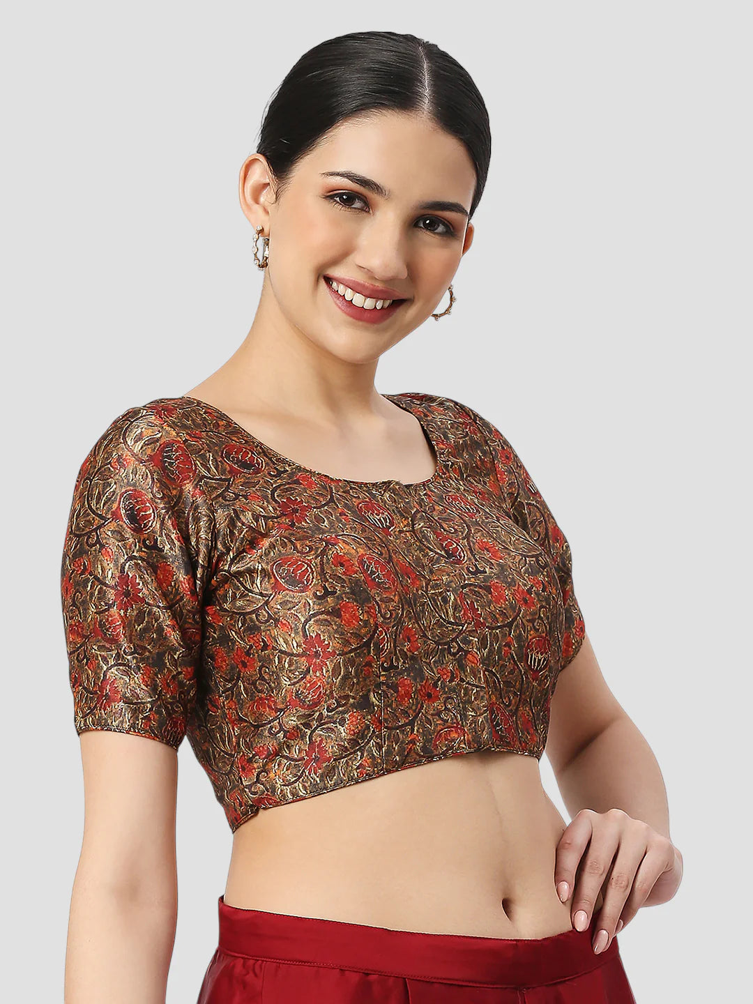 Red Silk Round Neck Half Sleeves Readymade Blouse