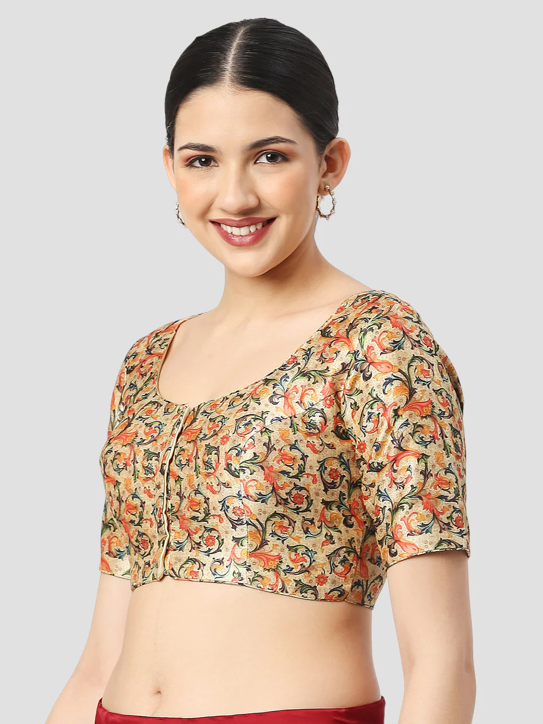 Multicolor Silk Round Neck Half Sleeves Readymade Blouse