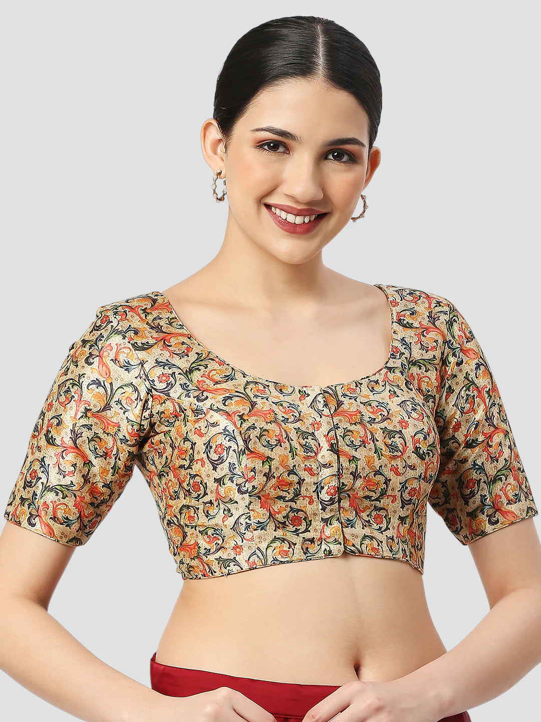 Multicolor Silk Round Neck Half Sleeves Readymade Blouse