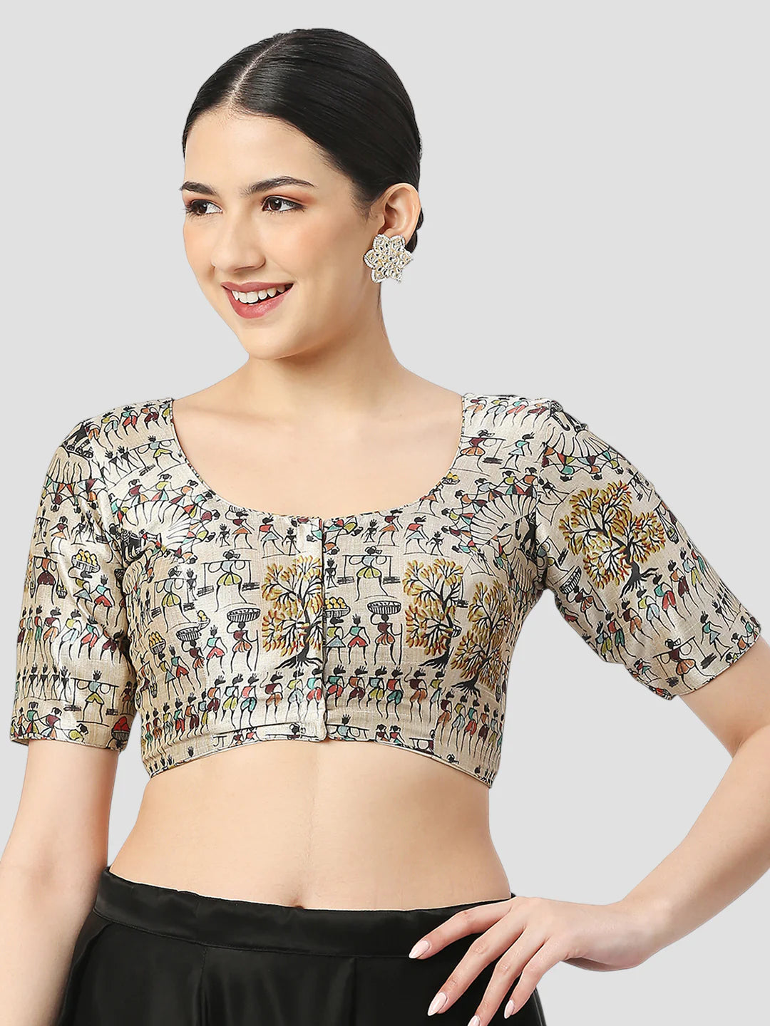 Cream Warli Printed Silk Round Neck Half Sleeves Readymade Blouse