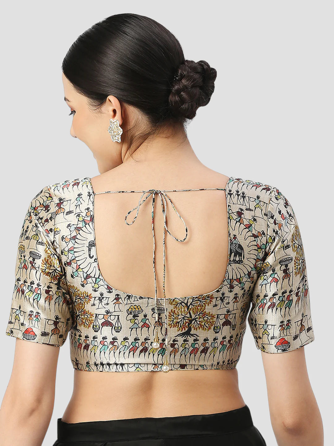 Cream Warli Printed Silk Round Neck Half Sleeves Readymade Blouse