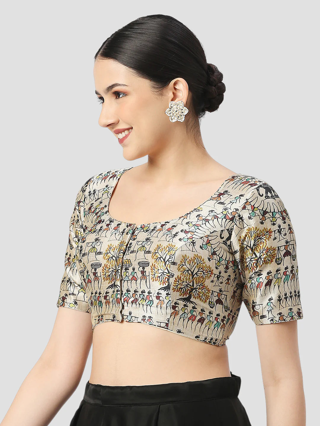 Cream Warli Printed Silk Round Neck Half Sleeves Readymade Blouse