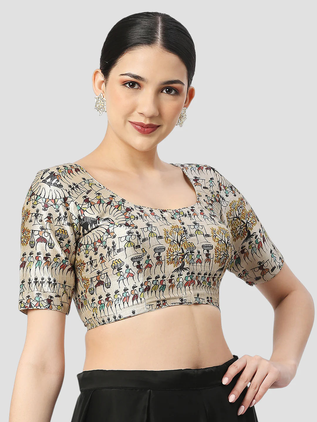 Cream Warli Printed Silk Round Neck Half Sleeves Readymade Blouse
